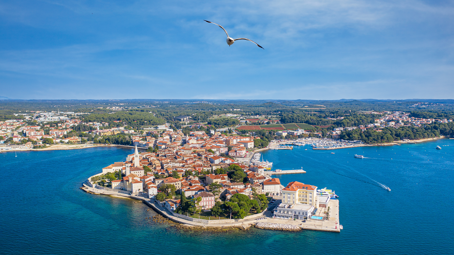 Die Altstadt von Porec in Kroatien aus der Luft